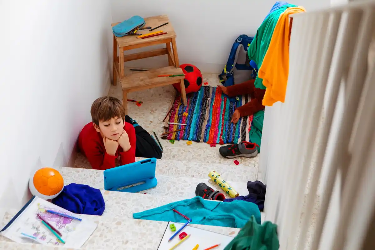 organized kids playroom with labeled bins