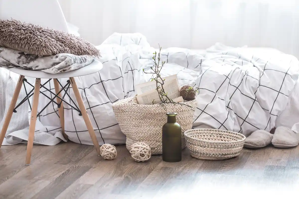 minimal tidy living room stylish storage baskets cozy home interior