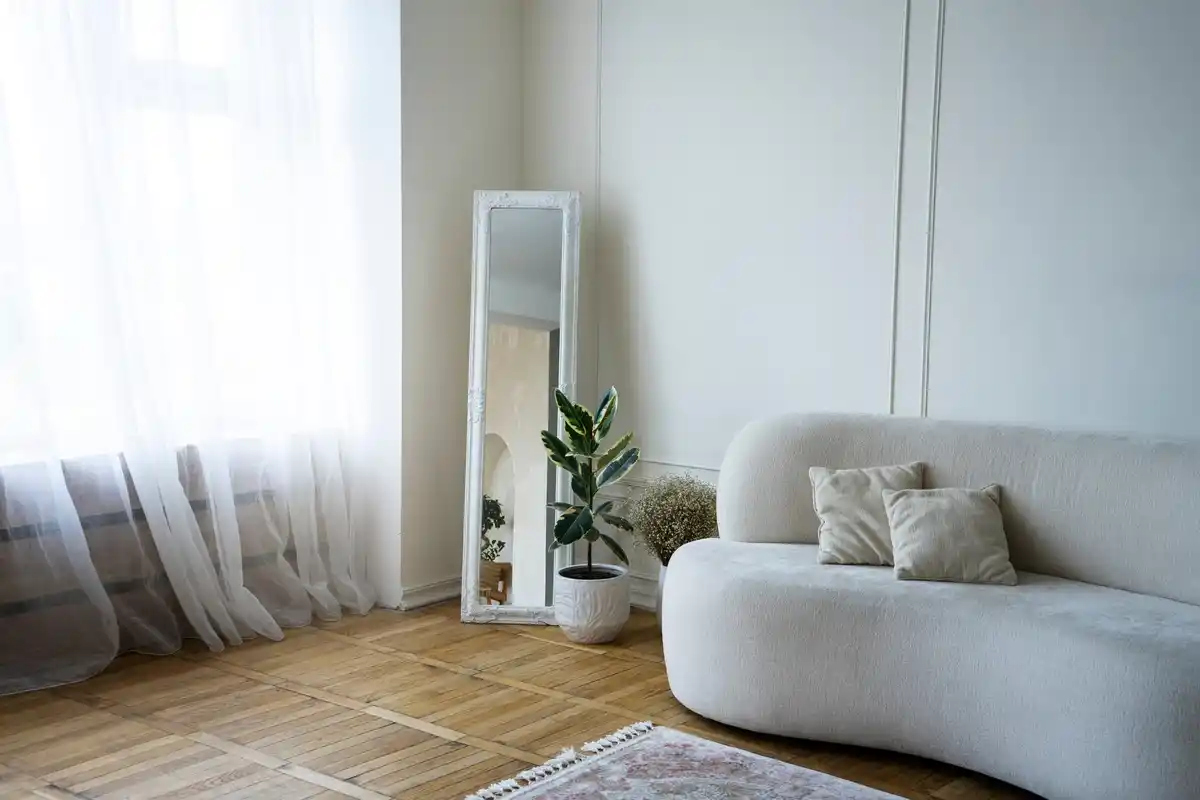 minimalist tidy modern living room natural light