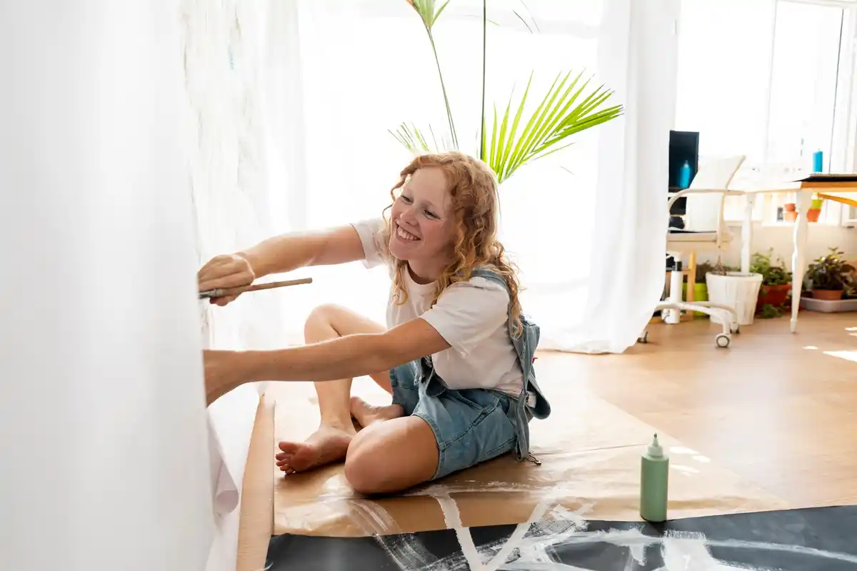 young woman tidying living room quickly, natural style