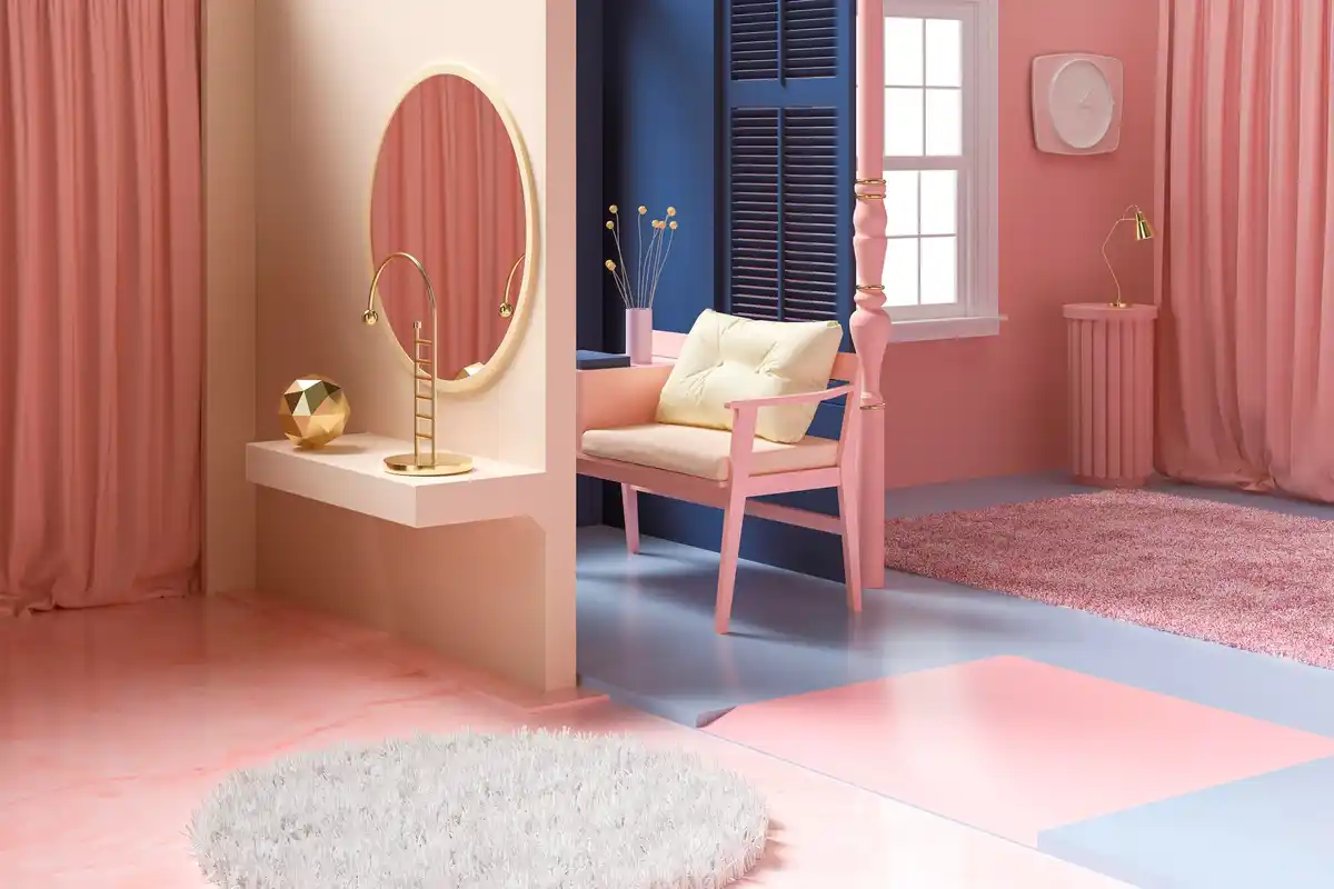 modern small living room with mirrors and light colors
