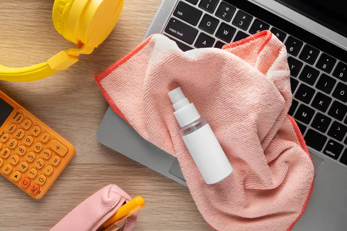 cleaning spray and microfiber cloth on kitchen counter