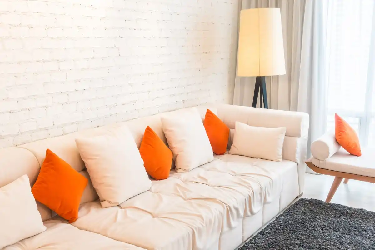 clean cozy living room sofa with cushions