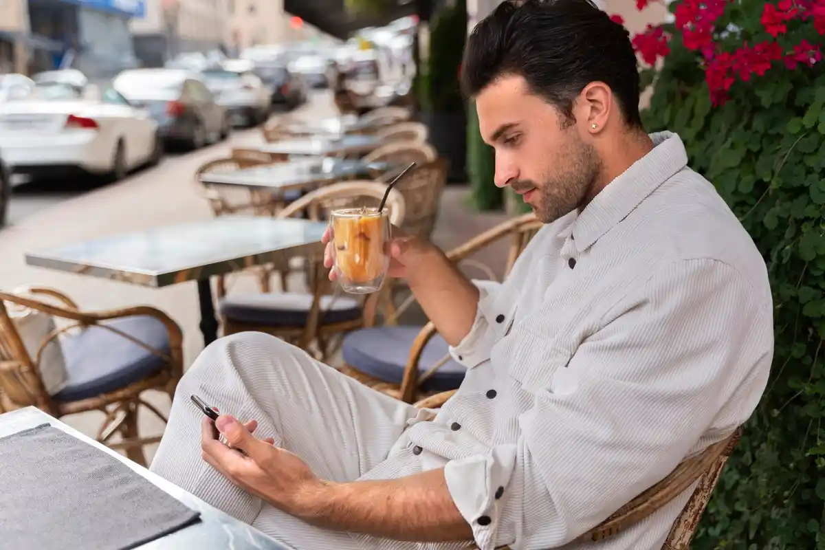 relaxed traveler exploring local cafe