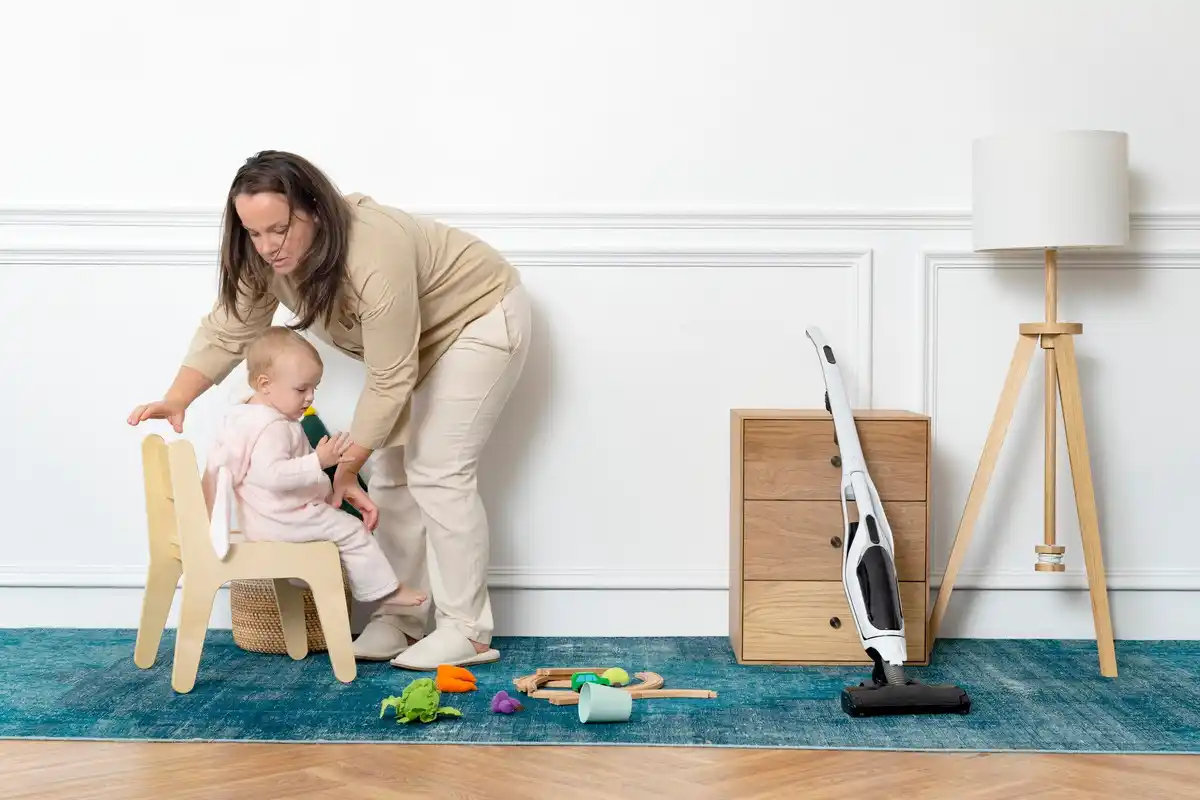 parents and kids cleaning house together