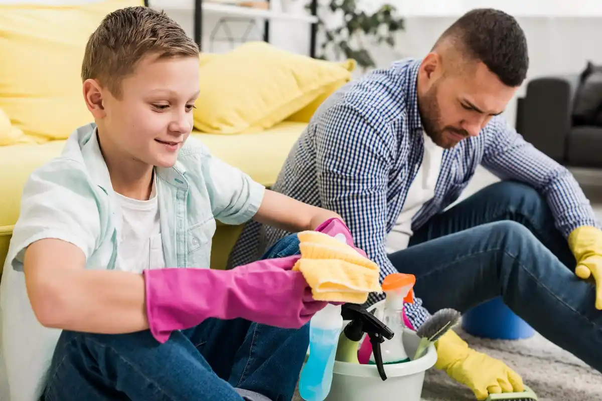 messy family living room cleaning