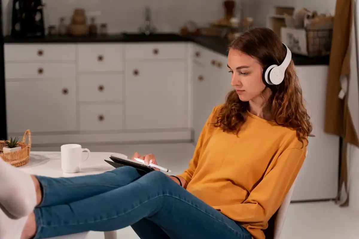 Person cleaning house listening music