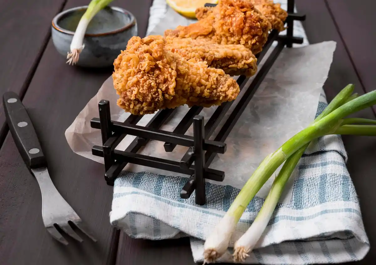 crispy golden fried chicken close-up in skillet