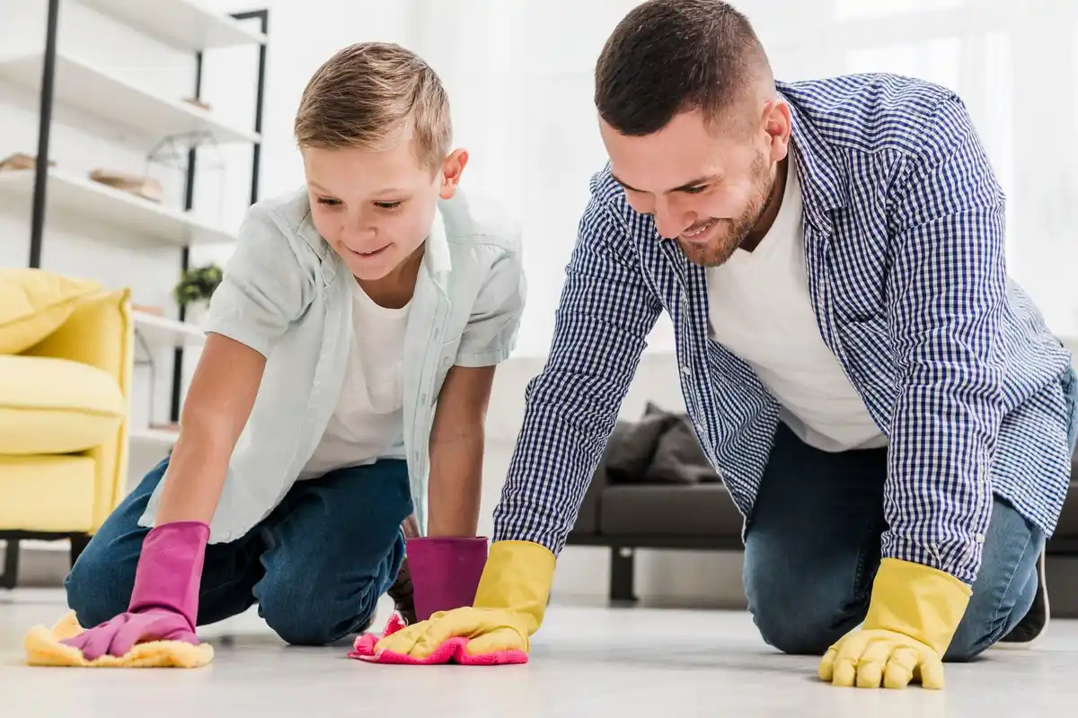 tidy family home with kids cleaning together