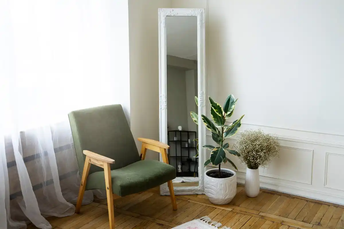 large mirror bright living room interior