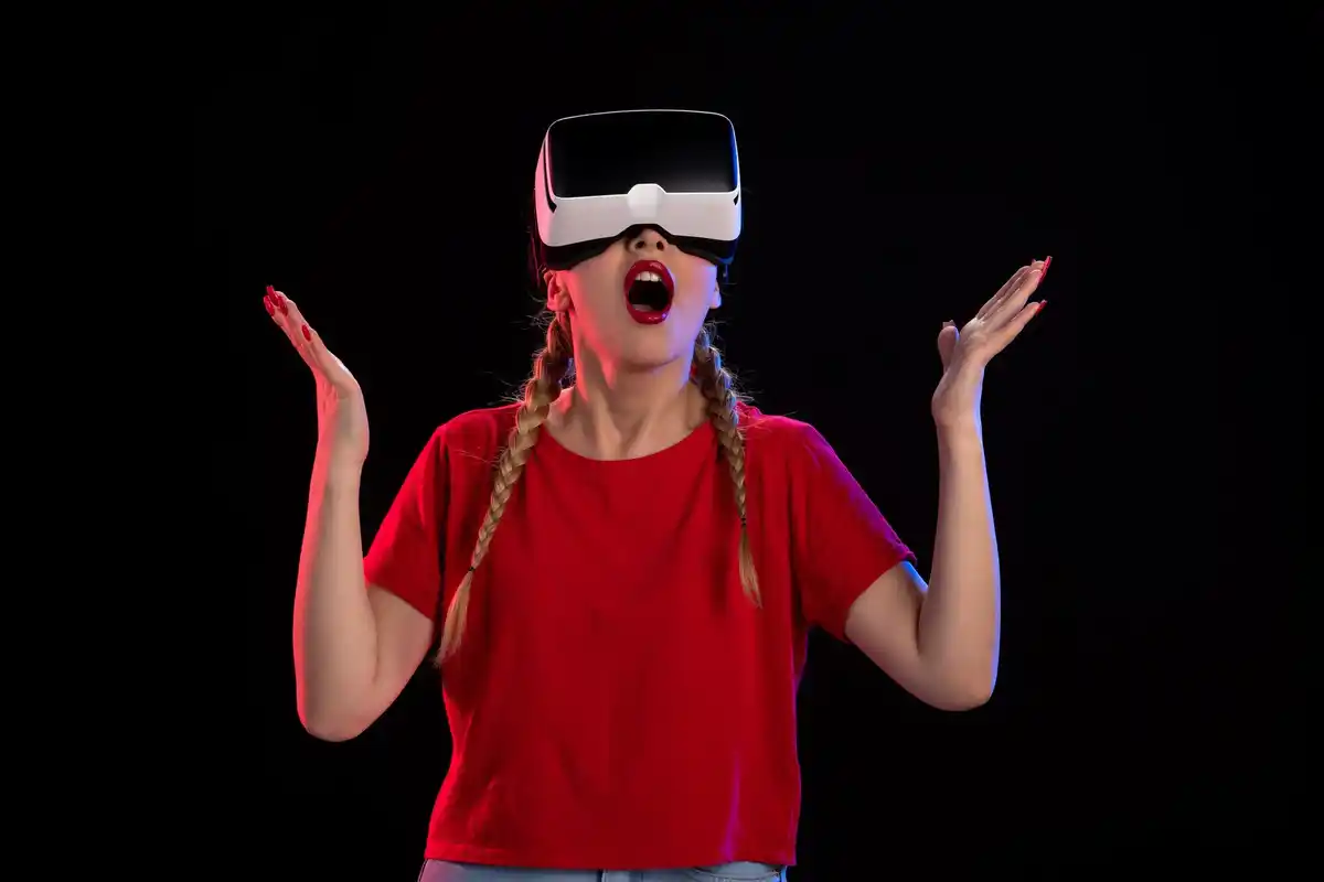 surprised person using futuristic technology gadgets