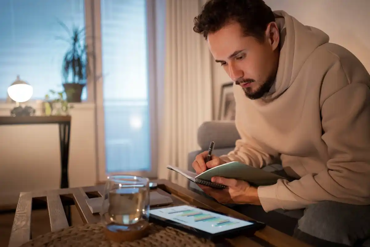 casual person managing time and productivity at home
