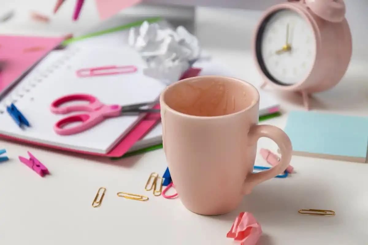busy morning workspace with coffee and planner