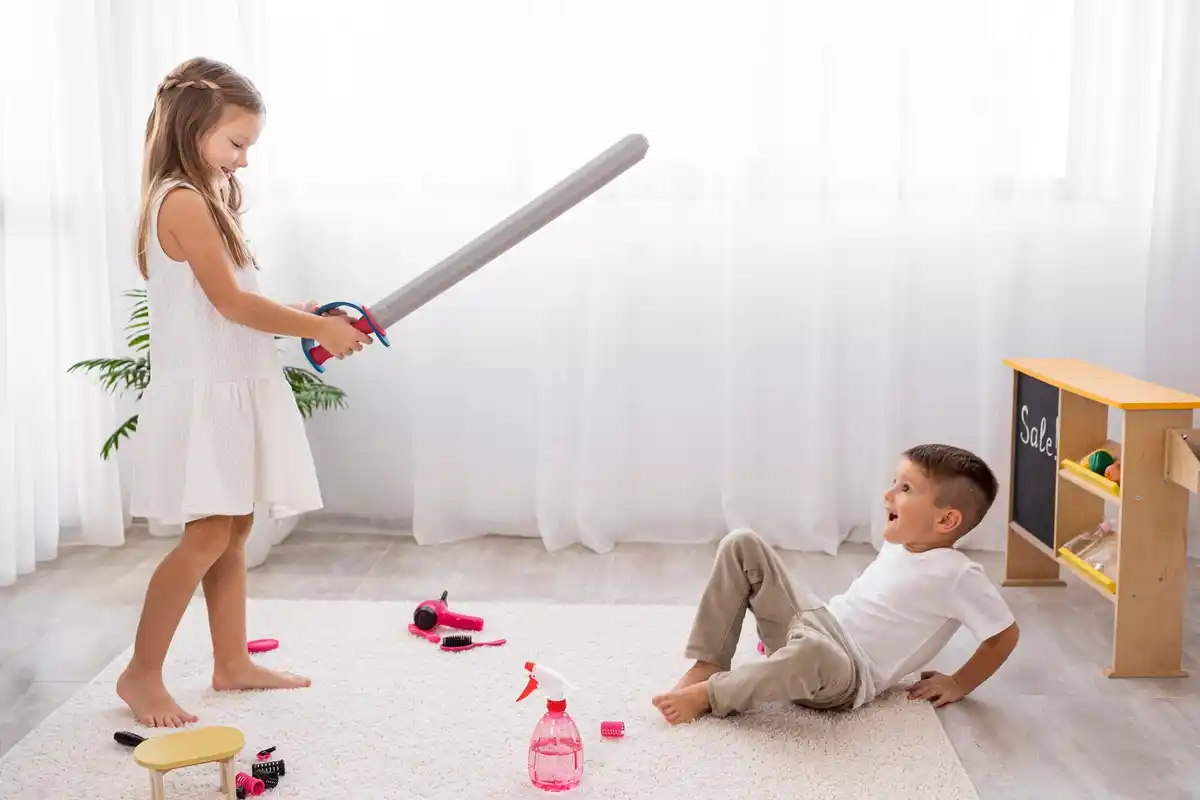 children playful cleaning game in dutch home