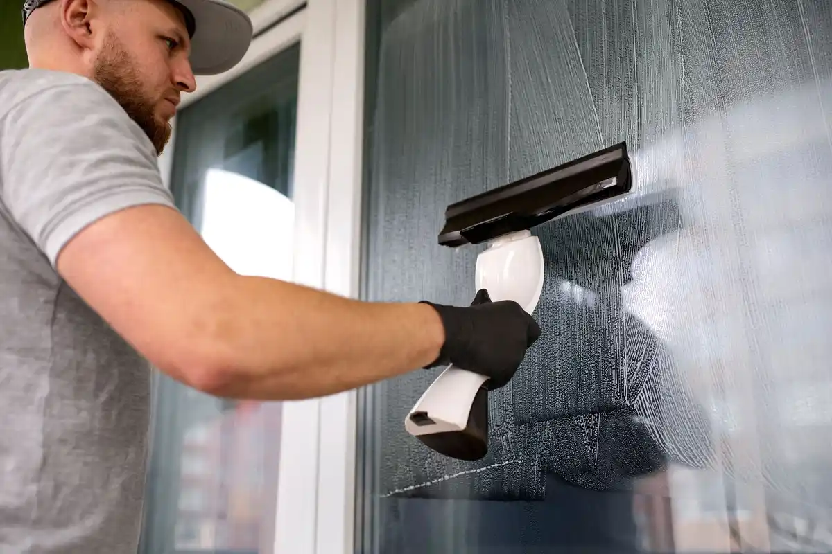 person wiping bathroom glass with squeegee