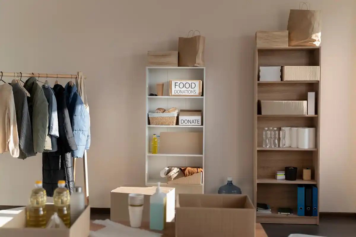 organized shelves with storage baskets