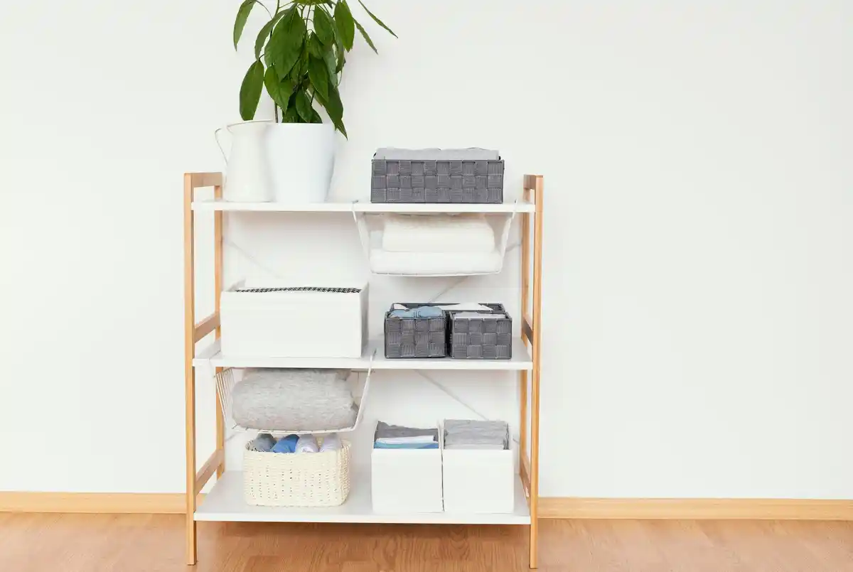 modern shelf with storage baskets and neatly arranged items