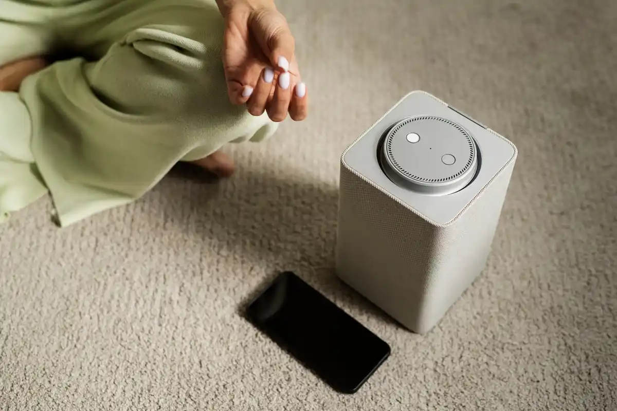 smart home speaker in a cozy Dutch living room