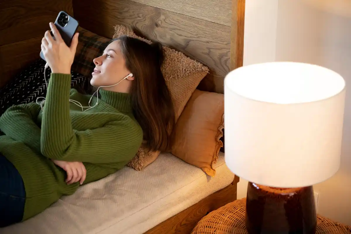 person setting up smart speaker routines on a smartphone in a Dutch apartment