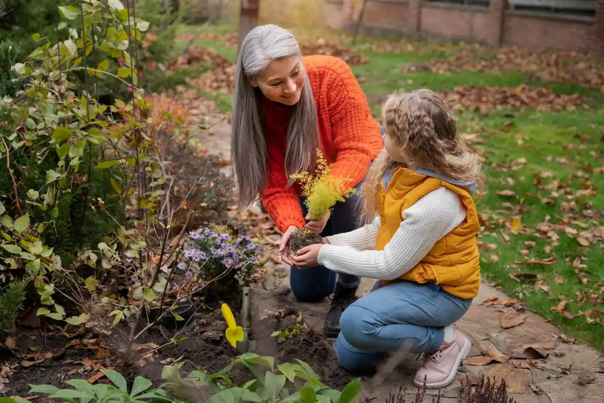 family gardening together kids helping