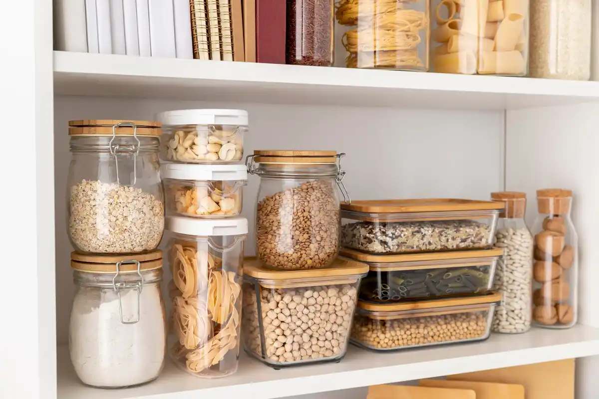 organized kitchen shelves with labeled containers