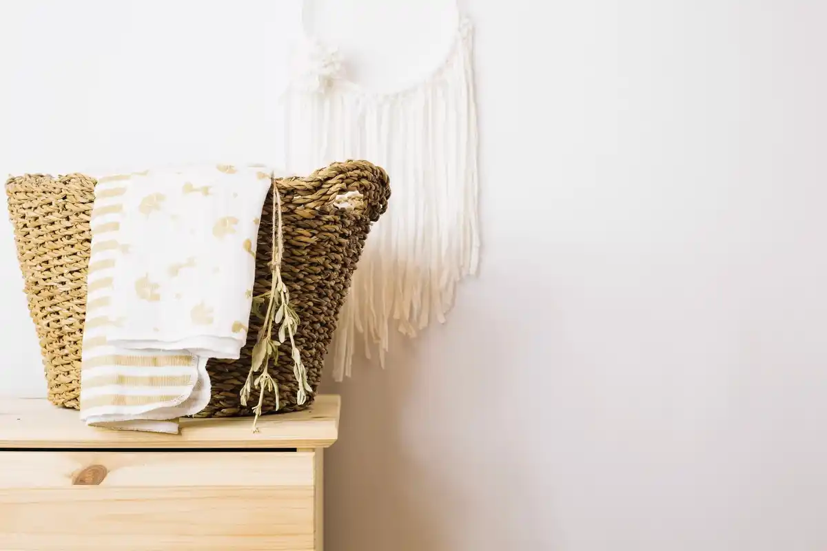 organized Dutch minimalist living room with baskets