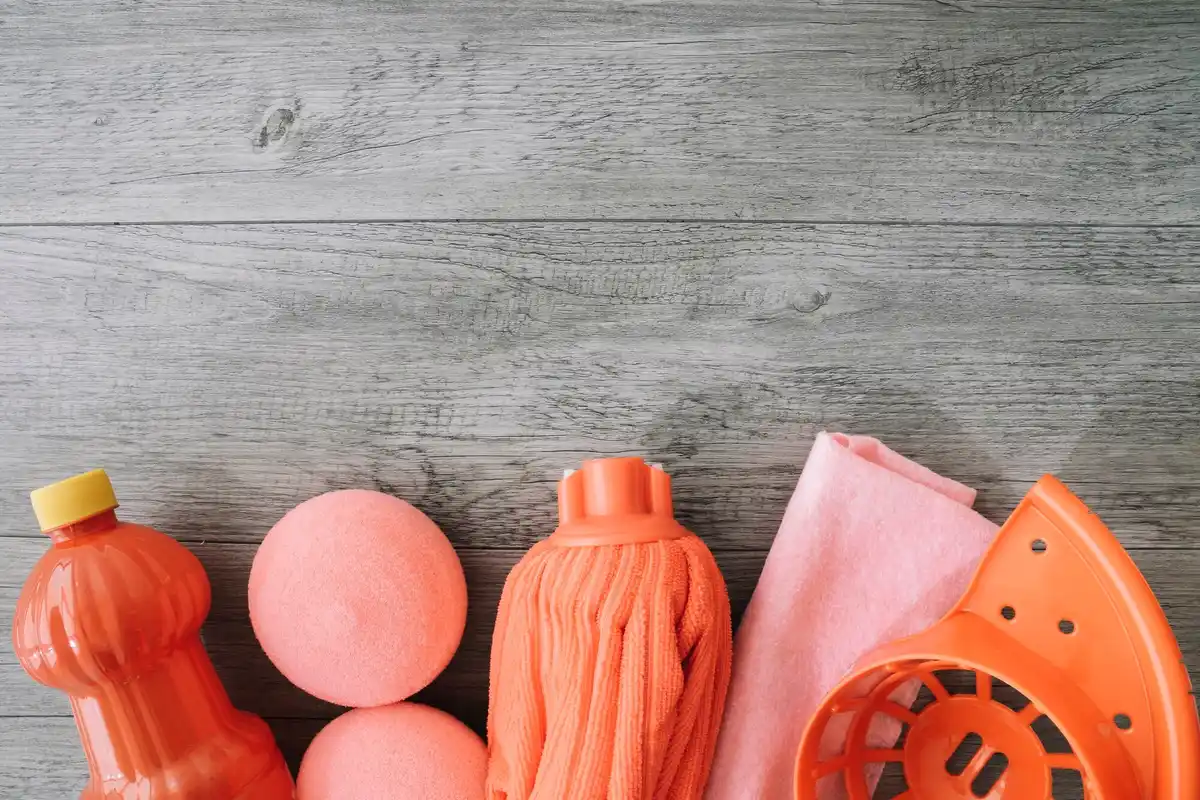 timer on kitchen counter next to cleaning supplies