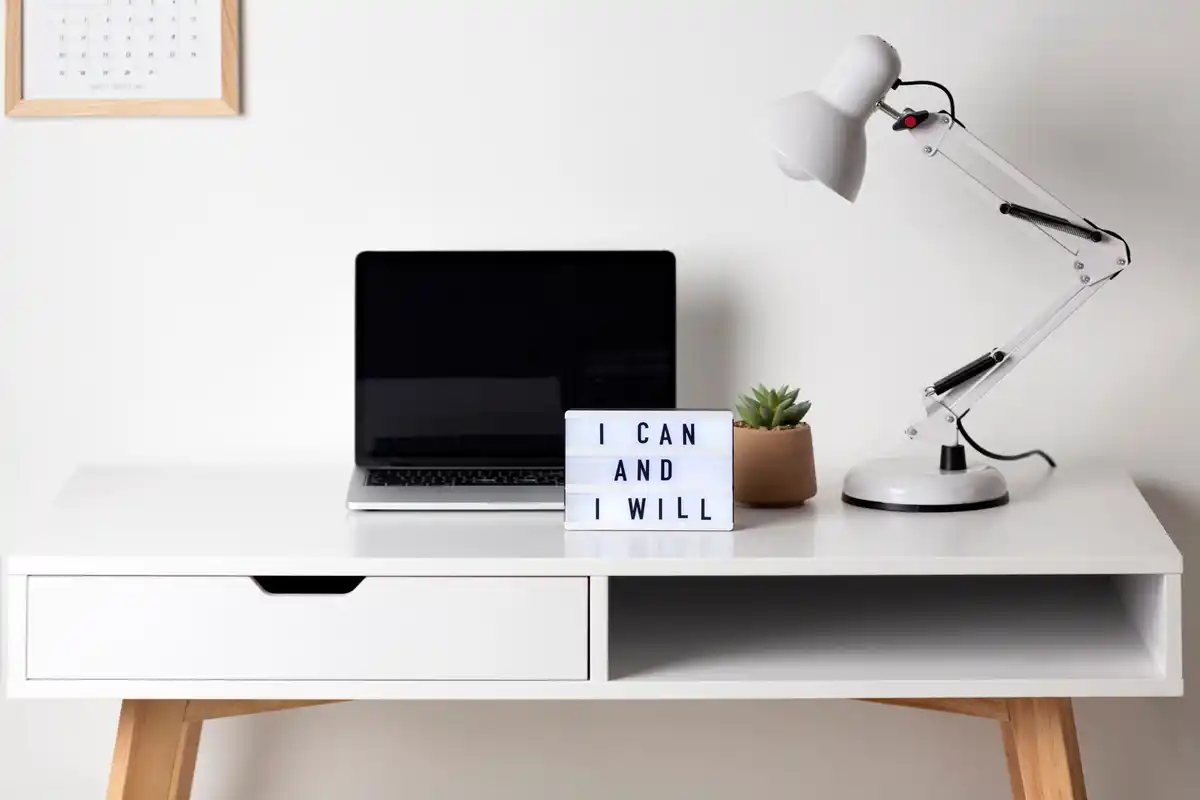 tidy home office desk with organizer and good lighting