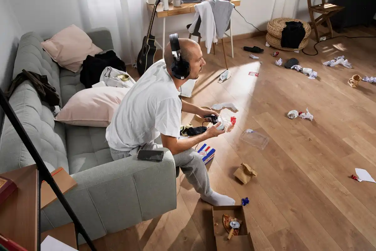 cluttered room before cleaning