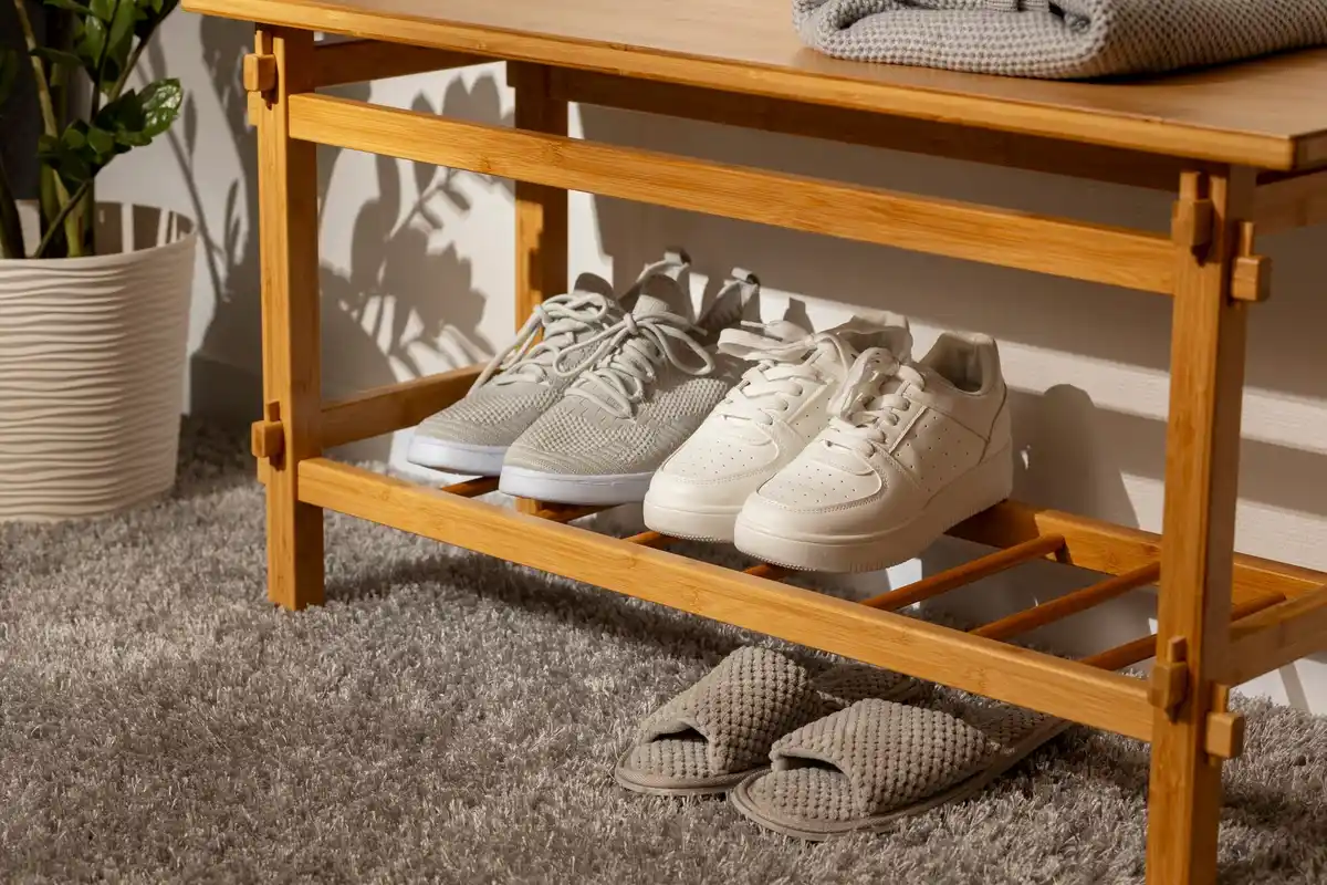 simple organized Dutch hallway with shoe rack and hooks