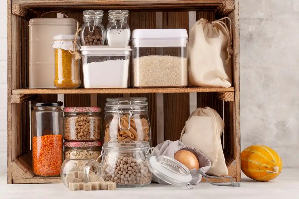 organized kitchen shelves with labeled containers