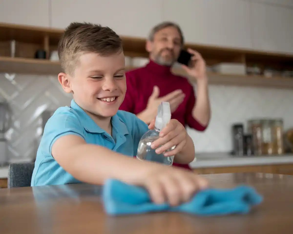 family cleaning together at home