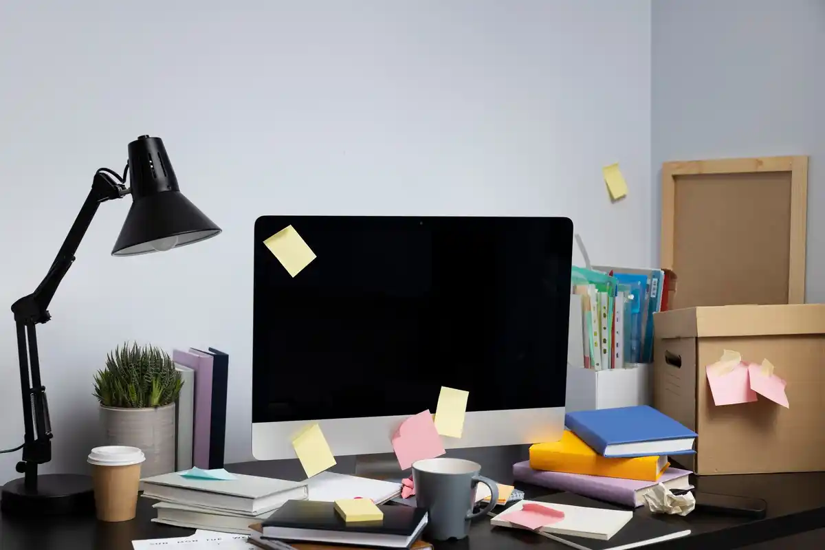 organized home office desk with storage boxes