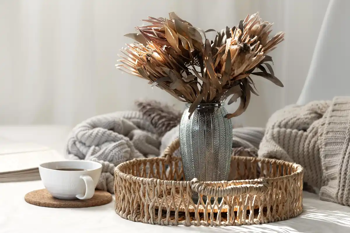 cozy tidy living room with storage baskets