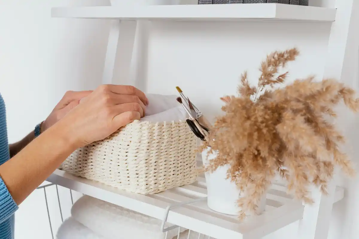 hands organizing home shelves with baskets