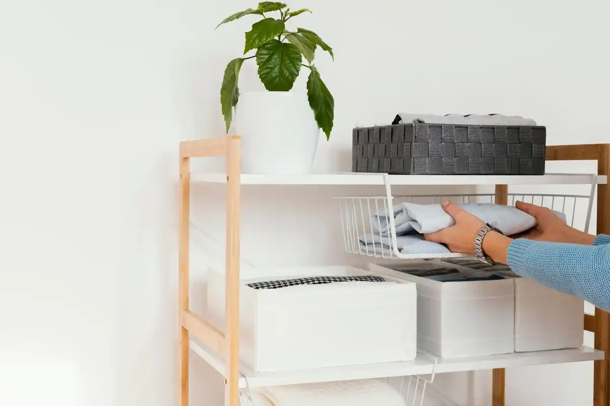 tidy clean modern living room with storage baskets
